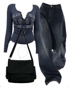 Slim Long Sleeve Tee + 0s Boyfriend Jeans + Canvas Satchel Bag Outfit Inspo Casual, 2000s Fashion Outfits, Swaggy Outfits, Cute Everyday Outfits, Vintage Casual, Really Cute Outfits, Mode Vintage, Casual Style Outfits, Lookbook Outfits