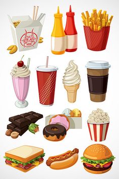 various fast food items are grouped together in this illustration, including fries, hotdogs, and drinks