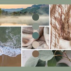 a collage of different pictures with water, trees, and sand in it's center