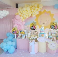 a baby shower party with balloons and decorations