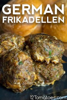 three meatballs stacked on top of each other with the words german frikadelen above them