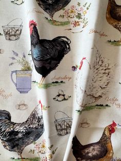 chickens and roosters on a white background with blue, green, yellow, red, orange, pink, purple, black