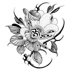 a black and white drawing of flowers with leaves on the petals, in an artistic manner