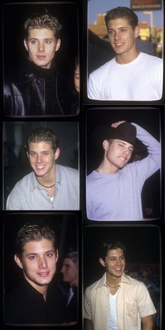 multiple pictures of young men smiling at the same time