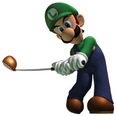 an image of a mario golf player hitting the ball with his club and wearing a green hat