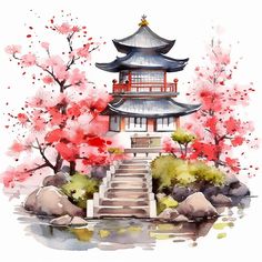 a watercolor painting of a pagoda surrounded by trees and rocks with pink flowers in the foreground