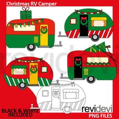 a christmas rv camper is shown in red, green and yellow with the words black & white included