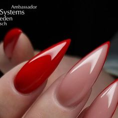 Red Pointy Nails Design, Hot Red Nails Design, Red Airbrush Nails, Nude And Red Nails, Red Nails Design Ideas, Hot Red Nails, Pointy Nail Designs, Red Tip Nails