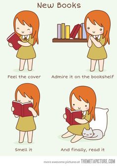 a cartoon girl reading a book with different stages to read it and how to use it