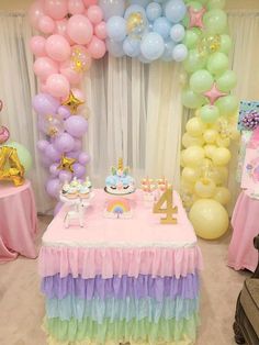 a birthday party with balloons, cake and decorations