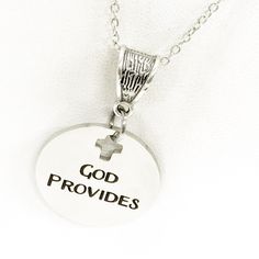 "This a beautiful jewelry piece that has a stainless steel laser engraved charm with the following on it \"God Provides\". This necklace is a stainless pendant on a silver plated link chain. This pendant is available on your choice of 16, 18, 20, 22, 24, 26, 28 or 30 inch chain. The pendant is also available for individual purchase if you have another chain on which you would like to wear it. This jewelry item has small parts and is not intended for anyone under the age of 14. To see the latest Inspirational Nickel-free Stainless Steel Jewelry, Inspirational Silver Stainless Steel Jewelry, Stamped Stainless Steel Silver Necklace, Inspirational Nickel-free Silver Charm Necklaces, Inspirational Silver Nickel-free Charm Necklaces, Laser Engraved Stainless Steel Round Pendant Jewelry, Inspirational Engraved Silver Charm Necklaces, Inspirational Engraved Silver Charm Necklace, Inspirational Silver Stainless Steel Necklaces