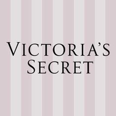 the victoria's secret logo on a pink and white striped background with black lettering