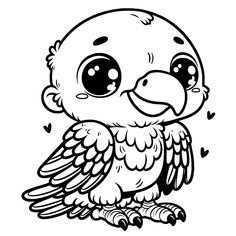 a black and white cartoon bird with big eyes