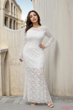 Qteee - Exquisite Lace Mermaid Evening Gown with Cutout Details White Mermaid Hem Maxi Dress For Wedding, White Long Sleeve Maxi Dress For Prom, Mermaid Evening Gown, Miss Usa, Lace Mermaid, Crewneck Dress, Basic Outfits, Evening Gown, Types Of Collars