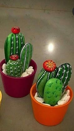 three potted cactus plants sitting on top of a cement floor next to each other