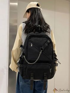 BirdinBag - Chic Chain Detail Backpack with Front Pocket Classic Backpack, Nylon Bag, Black Backpack, Front Pocket, Bag Lady, Backpacks, Size Medium, Zipper, Chain