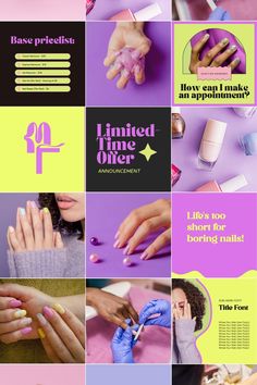 a collage of photos with different types of manicures and text on them