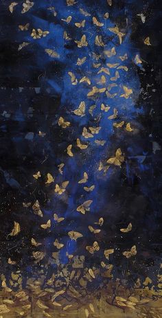 an abstract painting with gold butterflies floating in the air