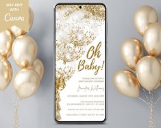 an iphone with gold balloons on it next to a bunch of white and gold balloons