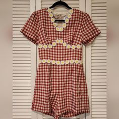 Unique Vintage Red Gingham Daisy Romper Sz M Runs Small Nwot And Packaging Red Retro Jumpsuits And Rompers For Summer, Spring Plaid Cotton Jumpsuits And Rompers, Spring Cotton Plaid Jumpsuits And Rompers, Spring Fitted Gingham Jumpsuits And Rompers, Fitted Gingham Jumpsuits And Rompers For Spring, Summer Gingham Cotton Jumpsuits And Rompers, 70s Romper, Blue Floral Jumpsuit, Vintage Romper