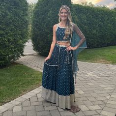 Worn Once To A Wedding. Size Large. For Reference, I Am 5’11 And Usually Wear S On Top And M In Bottom. Size 4 Dress. I Wore Flats And The Skirt Was The Perfect Length. The Top Was Slightly Large For Me ( I Usually Wear A Small ) And It Was Taken In Slightly By Hand On The Back. The Stitching Can Be Taken Off If Needed. Bought At An Indian Store In Person For $300. Almost Brand New Condition. Festive Blue Wedding Skirt, Festive Blue Party Skirt, Blue Fitted Skirt For Festive Occasions, Traditional Blue Wedding Skirt, Blue Fitted Festive Skirt, Festive Fitted Blue Skirt, Festive Blue Fitted Skirt, Blue Lengha Choli, Navy Blue Lengha