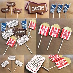 several different pictures of candy on sticks with flags and name tags attached to each one