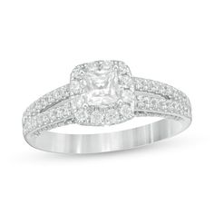 From the Zales Private Collection, this diamond engagement ring makes your proposal a wow moment. Crafted in 14K white gold, this choice showcases a 1/2 ct. certified colorless princess-cut diamond boasting a color rank of F and clarity of I1. A halo of diamonds surrounds the center stone while additional diamonds line the split shank. The ideal finish, a "Z"-shaped design sparkles with diamonds along the gallery. Radiant with 1 ct. t.w. of diamonds, this engagement ring is buffed to a brilliant Halo Engagement Ring Wedding Band, Z Design, Diamond Ring Princess Cut, Ring Bands, Engagement Rings Vintage Halo, Princess Cut Rings, Gold Diamond Wedding Band, Diamond Engagement Rings Vintage, Ring Styles