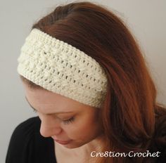 a woman wearing a white headband with crochet on the top and side