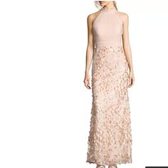 This Elegant Long Gown Is Highlighted With Allover Embroidery Details And A Halter Neck. The Floor-Skimming Skirt Is Covered With 3d Petals For A Stunning Finish. Invisible Zip Closure Halter Neck Sleeveless Color: Blush Size: 18 Petal Embroidery, Blush Pink Bridesmaids, Blush Gown, Halter Gown, Floral Gown, Mob Dresses, Embroidered Tulle, Tulle Gown, Beaded Gown