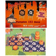 an advertisement for pumpkin and bone in front of a halloween themed area with jack - o'- lanterns