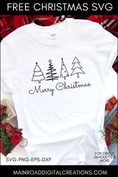 a white t - shirt that says merry christmas with trees on the front and bottom