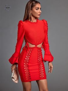 High Quality Bandage Dress Material: Polyester, Spandex, Lace Length: Mini Bodycon Dress Medium Strecth Center back zipper O-Neckline Long Flare Sleeve Blue Outfit Winter, Red Bandage Dress, Long Sleeve Bandage Dress, Burgundy Outfit, Bodycon Outfits, Club Party Dresses, 70 Dress, Lace Fashion, Club Dresses