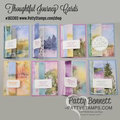 several cards with different designs on them and the words beautiful journey cards written in white