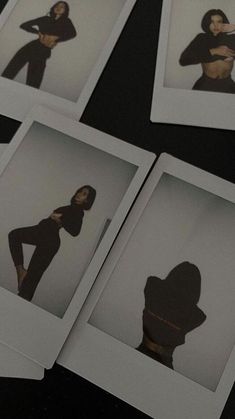 four polaroid photos of a woman in black clothing