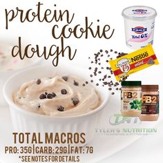 an advertisement for protein cookie dough with chocolate chips and cream in the bowl next to it