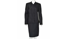 "Beautiful 1990s vintage cocktail suit from Mary McFadden is constructed in channel quilted (or trapunto) black silk, one of McFadden's signature fabric treatments. The jacket's mandarin collar, lapel, hemline, and cuffs are finished in a wider channel than the jacket shell and skirt. The jacket has small shoulder pads and closes with five self-fabric covered buttons and several hidden snaps. The skirt has waist darts, a long walking vent on the right side, and a side zipper. Both pieces are labeled size 8. Modern sizing charts indicate that the suit is a modern size 6-8, the skirt measuring slightly smaller than the jacket. Please refer to the measurements for the best guidance regarding size and compare with similar garments that fit you. JACKET MEASUREMENTS - Shoulder width is 16\" - Ch Cocktail Suit, Mary Mcfadden, Beaded Cardigan, Womens Suits, Vintage Cocktail, Fabric Covered Button, Mandarin Collar, Black Silk, Covered Buttons