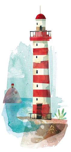 a painting of a red and white lighthouse on the shore with watercolor splashes