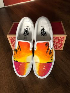 These shoes are hand-painted and sprayed with a protective coating to limit dirt and fade damage. Each pair may vary slightly as they are made individually by hand. Customized Canvas Shoes, Customised Vans, Mexico Outfits, Painting Shoes, Bee Shoes, Painted Shoes Diy, Vans Slip On Shoes, Custom Sneakers Diy, Painted Canvas Shoes