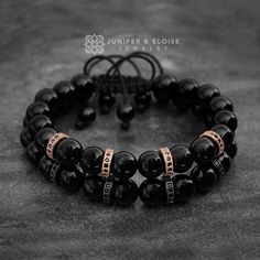 "This listing is for set of 2 Handmade Couple Bracelets. ★`His` bracelet is made with 8mm black Onyx beads and features Black spacer beads embellished black Zircon stones. Men`s Size : 7\" - 8.5\" (18 cm -21 cm) ★`Her` bracelet is made with 8mm black Onyx beads and features Rose Gold spacer beads embellished black Zircon stones. Women`s Size: 6\" - 7.5\" (16 cm -19 cm) Bracelets are adjustable, utilizing a sliding knot made with macrame cord and is easy to put on and take off by yourself. All of Elegant Black Bracelets For Anniversary, Black Beaded Bracelet Gift, Black Beaded Wristband As Gift, Black Hand-strung Rosary Bracelet As Gift, Luxury Black Bracelets For Wedding, Adjustable Black Bracelet For Promise, Adjustable Black Promise Bracelet, Black Adjustable Promise Bracelet, Black Round Beads Wristband As Gift