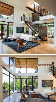 this modern living room has glass walls and wooden stairs that lead up to the second floor