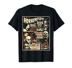 a black t - shirt with an image of horror movies on it