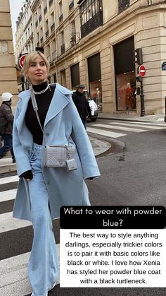 Blue Cold Outfit, Powder Blue And Black Outfit, Sky Blue Winter Outfit, Light Blue Long Coat Outfit, Pale Blue Bag Outfit, Powder Blue Clothes, Outfits With Blue Trench Coat, Powder Blue Jacket Outfit