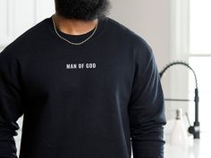 Use code BUNDLE30 for 30% OFF your order when you purchase 3 or more items! Man of God Embroidered Crewneck Sweatshirt | Embroidered Sweatshirt | Christian Shirts | Gifts For Him | Aesthetic Clothes This Christian crewneck sweatshirt is the perfect gift for him.  Our Man of God flat embroidered crewneck puts your identity in Christ on display and makes the perfect birthday gift for him. Chill by the fire in this pre-shrunk, classic fit Christian sweatshirt that's made with air-jet spun yarn for Gifts For Him Aesthetic, Gospel Clothing, Him Aesthetic, Church Merch, Christian Clothing Brand, Christian Crewneck, Positive Clothes, Man Of God, Diy Sweatshirt