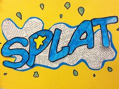 the word splat is written in blue and yellow