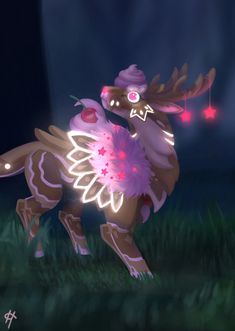 an animal that is standing in the grass with some lights on it's back