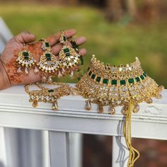 A Golden And Green Beautiful Designer Bridal Choker Necklace Set Is A Stunning Choice For Women And Girls. The Combination Of Gold And Green Exudes A Regal And Elegant Vibe, Making It Ideal For Bridal Occasions Or Festive Events. The Choker Style Adds A Touch Of Glamour, Framing The Neckline Beautifully. Ensure The Set Is Comfortable To Wear For Extended Periods, And Consider Coordinating It With Complementary Attire To Make A Statement At Special Occasions. Hand Set Green Kundan Necklace, Green Hand-set Kundan Necklace, Green Stone Work Bridal Necklace, Green Kundan Bridal Necklace, Bridal Choker Necklace, Golden Green, Bridal Choker, Gold And Green, Choker Necklace Set