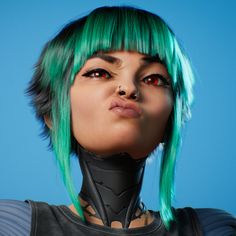 a woman with green hair and piercings on her face, looking up at the sky