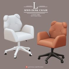 an office chair with arms and legs is shown in two different colors, one white and the other brown