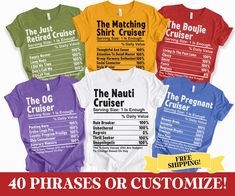 These Matching Family Cruise shirts are perfect for that family cruising birthday celebration! Pick up these funny nutrition facts Cruise Squad shirts for your group of friends or family! ------------------------------------------------------------------------------------------------------ 1. MAKE SURE THAT YOU HAVE READ ALL PERTINENT INFORMATION AND YOU HAVE SCROLLED THROUGH ALL OF THE PHOTOS. 2. ONCE THAT HAS BEEN COMPLETED, PICK YOUR SHIRT STYLE, SIZE, AND COLOR FROM THE DROPDOWN MENUS. 4. IF YOU HAVE MORE ITEMS TO ORDER, HIT THE BACK BUTTON AND REPEAT. 5. ONCE EVERYTHING IS IN YOUR CART, SELECT YOUR SHIPPING METHOD, INPUT YOUR CORRECT ADDRESS, AND HIT SUBMIT. 6. ENJOY :) ------------------------------------------------------------------------ OTHER IMPORTANT INFO ---------------------- Cute Family Cruise Shirts, Group Cruise Shirts Funny, Cruise Tshirts Family, Family Vacation Tshirt, Drink Package Cruise Shirt, Cruise Shirts Funny, Vacation Friends, Vacation Tshirt, Long Sleeve Family Cruise Shirt