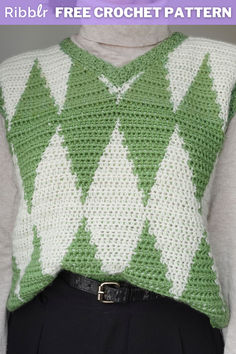 a woman wearing a green and white knitted sweater with the words ribb / free crochet pattern on it